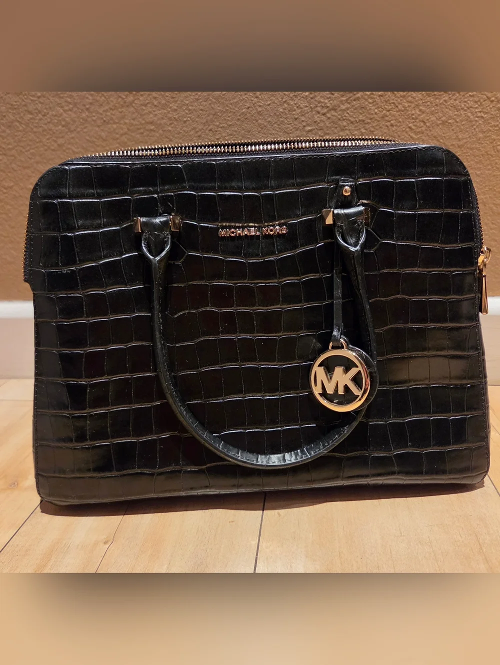Michael Kors Black Croc-Embossed Leather Satchel with Gold Hardware